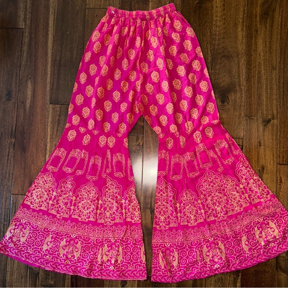 intage custom made Cotton fuchsia on gold medallion print traditional pj pants. - Picture 1 of 7